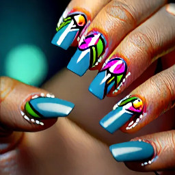 In style of macro photo, single hand, create nail art on fingernails based on: nails centered full view, sharp focus, true color, photoreal, 4k