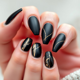 Coffin shaped Matte black nails with gold and silver lines