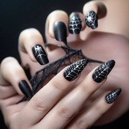 witchy nails, black base, silver designs, spider webs, letter k on one finger