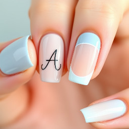 • Pinky finger: Solid glossy pastel light blue nail polish. • Ring finger: A semi-sheer milky nude base featuring a delicate, elegant cursive capital letter 'A' smoothly integrated into a hand-drawn white heart outline silhouette. • Middle finger: A classic French manicure featuring a clean, crisp pastel light blue tip over a milky nude base. • Index finger: Solid glossy pastel light blue nail polish. • Thumb: A milky nude base accented with a pastel light blue abstract corner tip.