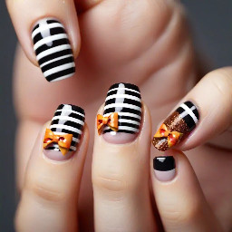 Cute fall nails with stripes, and bows for about 12 year olds