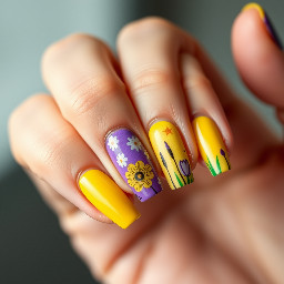 Easter nail art, purple and yellow
