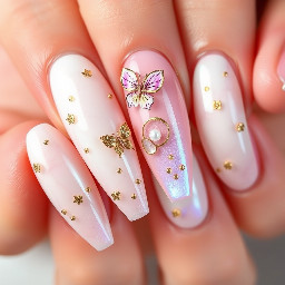 Ultra-luxury couture nail art, long almond-shaped nails with a flawless high-gloss finish. A sophisticated blend of pearlescent chrome, translucent jelly layers, iridescent aurora shimmer, and delicate white marble veining accented with fine metallic gold foil. Each nail features a unique composition including hand-painted orchids, miniature butterflies, crystalline dew drops, floating holographic flakes, and tiny freshwater pearls. Soft blush pink fades seamlessly into milky ivory with hints of champagne and opal. Ultra-realistic lighting, professional salon quality, macro beauty photography, razor-sharp detail, elegant feminine luxury aesthetic, premium editorial fashion styling, award-winning nail competition design, perfectly manicured cuticles, luxury spa presentation, highly detailed textures, photorealistic, 8K, masterpiece.