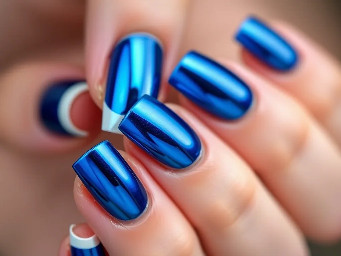 blue chrome nails with white french tip