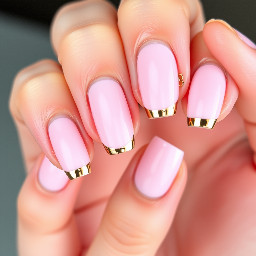 squoval nails. light pink french tips on pinky index and thumb with a thin line of gold chrome lining the bottom of the tip. solid light pink on middle finger with vertical gold chrome stripes. solid light pink on ring finger with gold chrome bow in the middle design me these nails and give me an image