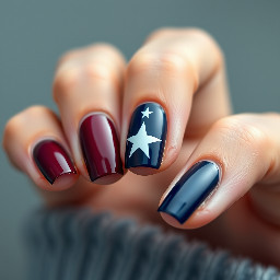 Maroon nails with navy blue ring finger with white star outline