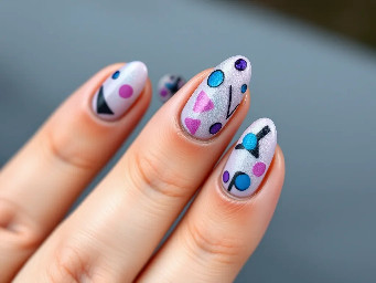 Steve lacy oh yeah? Album inspired nails, almond shape, random soft shapes blues pinks purples calm tattoos and the quote “life is but a stain not a tattoo”