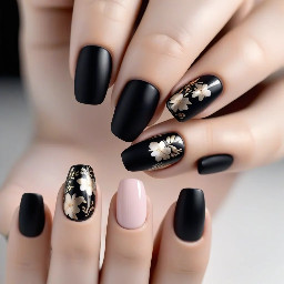 Elegant black nail design with a glossy or matte black base. Delicate floral details in white or soft pink, with thin, minimal linework. Subtle gold accents for contrast. Sophisticated, modern, and minimal