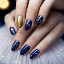 Short almond nails with the colors navy blue, gold, and white. French tip design, glitter on one of the fingers, constellations, stars, and moons.