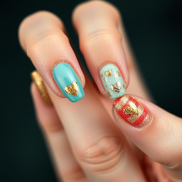 thumb is a.shimmer gold .ring finger is a soft gold, pointer finger coral with. teal and gold .tiny hearts pinky is coral stripes bu als has s couple tiny hearts in gold an teal.