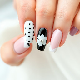 Thumb: either balck or white base with polka dots or with a base a dividere in between with one silver dot, index: white or black base and polka dots, middle; flower with blooming gel either of the colors, ring: french tip, pinky: a base with a divider.   Mix these on the other hand as well!
