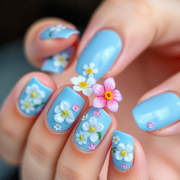 Cute blue blooming gel nails with blooming gel flowers