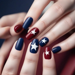 Dark red nails with navy blue ring finger with white star outline