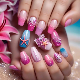 vacation nails with pretty pinks, glitter, 3d nail art, starfish, flowers, and ombre