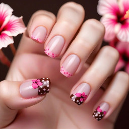 thumb and middle finger- pink french tips with brown polka dots index and pinky finger- brown french tip with pink polka dots ring finger- hibiscus flower