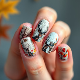 Fall themed nails with designs including deer print