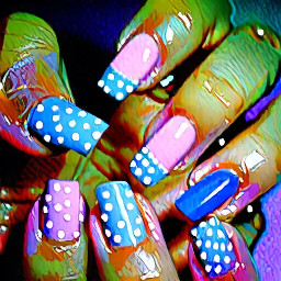 So I want my pinky finger on the left hand to be plain baby pink then I want the next finger to be a frilly French tip like the blue one above then I want the middle finger to be plain light purple then the index finger to be polka dotted with see through kinda skin tone base and pink polka dots and the thumb to be plain light blue. Then on on the right hand I want the thumb to be plain light purple then the index finger a light pink base with a honeybee like the one above with the flowers then I want the middle finger plain light blue and then I want the next finger I think it’s called ring finger I want that with a skin colour see through kinda base and blue polka dots then the pinky can be plain light pink