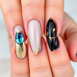 long stiletto nails with blue cat eye, gold chrome, and black designs