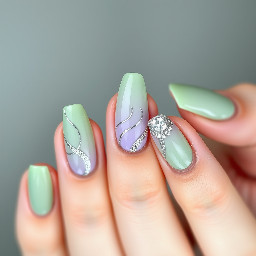 Sage green, lilac, silver, squoval shape, elegant whisps and lilac airbrush