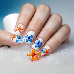 short white square nails with small blue hibiscus flowers in the corner and an orange star fish