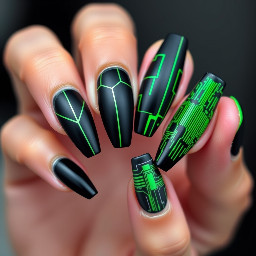 Shape & Length: Long Stiletto or Medium Coffin.Color Palette: Matte Charcoal Black, Neon Cyber Green, and Liquid Chrome Silver.Design Elements:Features a ultra-matte black base coat.Accented with sharp, laser-etched geometric grid lines in reflective chrome.Select accent nails showcase a vivid, neon green "glitch" or circuit-board matrix graphic instead of a smooth blend or French tip.
