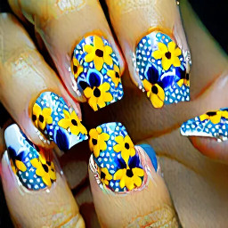yellow nails with blue flowers on short nails. no french tip or nude base coat. easy flowers like dots