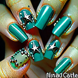 Can you Design and show image for this nails? Top 1st Nail - Nude Base / Teal Smoke French / Star should be in pearl color 2nd Nail - Nude Base / Teal Smoke French / Silver Balls - ball are topping not drawing 3rd nail - Outline in Teal smoke / Inline in light sky blue / and Silver Flower Shape 4th Nail - Nude Base / Teal Smoke French / Silver star 5th Nail - Nude Base / Teal Smoke French / Silver Dots