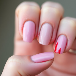 Fusxia pointer finger nail pinky nail and thumb nail. Light pink middle finger nail and ring finger nail. Red sideways tip on middle finger nail and finger finger nail