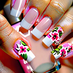 mid length tappered square nails, the base is light creamy transparent pink, white french tips with big flowers