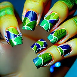 lily pad themed nail art, each nail is different, simple shapes, blues and greens