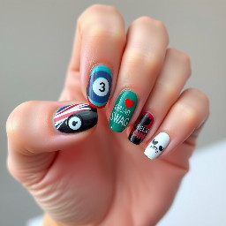 Left hand - thumb: uk flag  -pointer: black nail w white circle and black number 8 in it -middle: red and blue thick strips -ring: a medium teal nail with bold black letters spelling SWAG - a white nail with ":3" in black polish  Right hand -thumb: a yin yang french tip -pointer:a black nail w white words saying girls my swag and a red heart in between girls and my -middle: a fully line green nail with a mincraft creeper face -ring: red nail with white words saying MUSIC -pinky: white nail w black mustache  Shape: OVAL or square