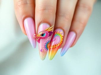 Stiletto Nail with design of pastel rainbow Chinese dragon with rainbow spikes