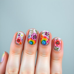 Make rainbow swirly nails with flowers and make them whimsical