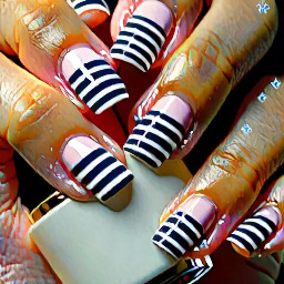 Some white and navy stripes, pointer and ring finger cute French dip, middle horizontal stripes pinky polkadots, and any other few colors that you think is best in almond short short