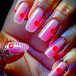 I want short almond nails with a sheer translucent pink the middle finger will have a small red cherry the ring finger with red polka dots and the pointer finger with red vertical stripes