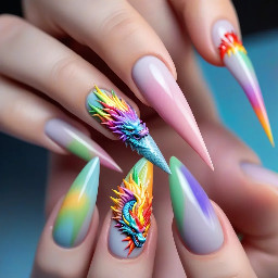 Stiletto Nail with design of pastel rainbow Chinese dragon with rainbow spikes