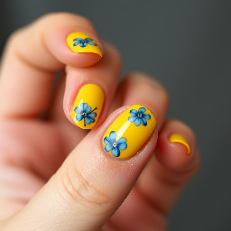 easy yellow nails with blue flowers on short nails. no french tip or nude base coat. easy flowers like dots