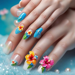 medium-long almond nails, 1-2 nails have a bright colored 3d hibiscus flower with pearl in the middle, other nails are ocean/cruise themed, all bright colors and all different designs