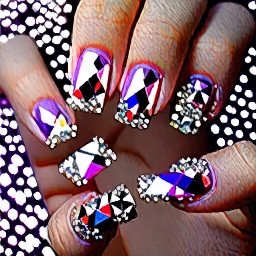 covered in Swarovski-style crystals with a structured geometric. The nails should feel expensive, glamorous, feminine, and red-carpet worthy—not childish or simple. Use long square nails with a mix of milky nude, icy lilac, lavender chrome, and iridescent shimmer. Include intricate silver chrome swirls, crystal clusters, AB rhinestones, celestial details, and fine glitter. Make every nail unique while keeping the set cohesive. Show the thumb clearly. The overall vibe should be McBling, Y2K luxury, Swarovski couture, icy glam, and high-end nail artist work. Ultra-realistic, salon-quality, Pinterest-worthy, macro photography, flawless cuticles, glossy finish, dramatic sparkle, soft studio lighting. Avoid cartoonish designs, flowers, bright colours, short nails, or minimalism.