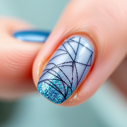 Make a almond nail with random not straight lines in an electric sparkly blue that appear on it