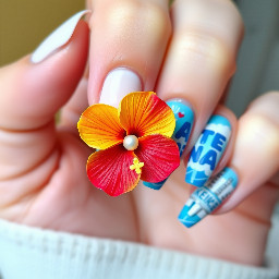 medium-long almond nails, 1-2 nails have a bright colored 3d hibiscus flower with pearl in the middle, other nails are ocean/cruise themed, all bright colors and all different designs