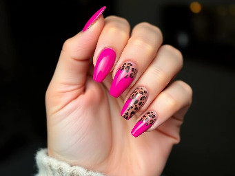medium length almond nails. I want hot pink to be the main color and for there to be gold accents. I like the nails that have almost like rings on part of the nail and i like cheetah print