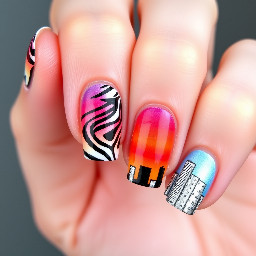 For a stunning nail design inspired by the union of a sunset, zebra, and cityscape, here's a step-by-step guide to achieve the perfect look:   **Materials Needed:** 1. Nail polish in the following colors:    - Sunset shades (oranges, pinks, purples, and blues)    - Black and white for the zebra pattern    - Metallic silver or gold for the cityscape    - Clear topcoat 2. Nail art brushes or nail striping tape 3. Nail polish remover 4. Cotton swabs 5. Nail file and buffer 6. Nail decals or stickers (optional) 7. Nail rhinestones or studs (optional)   **Step 1: Prepare Your Nails** - Start with clean, dry nails. Remove any old nail polish and shape your nails with a file. Buff the surface for a smooth canvas.   **Step 2: Base Coat** - Apply a clear base coat to protect your nails and help the polish adhere better. Allow it to dry completely.   **Step 3: Sunset Sky** - For the sunset element, choose a warm sunset color palette. Begin by applying a light orange or pink polish to the base of your nails. - Gradually layer different sunset colors (pink, purple, and blue) from the base towards the tips, blending them together like a gradient. Use a sponge or a makeup sponge applicator for a smoother transition. - Allow the sunset colors to dry completely.   **Step 4: Zebra Pattern** - For the zebra element, use black and white nail polish. - Use a nail art brush or nail striping tape to create zebra stripes on one or two accent nails. These stripes should be thin and irregular, mimicking zebra stripes. - Allow the zebra stripes to dry completely.   **Step 5: Cityscape** - For the city element, choose a metallic silver or gold polish for a futuristic cityscape. - On the remaining nails, create a cityscape by drawing skyscrapers and buildings with the metallic polish. You can use a thin nail art brush for this. - Allow the cityscape to dry completely.   **Step 6: Details and Accents (Optional)** - If desired, you can add nail decals, stickers, or rhinestones to enhance the design. Place them strategically on the nails where it complements the overall look.   **Step 7: Top Coat** - Apply a clear topcoat to seal and protect your design. This will give your nails a glossy finish and make the design last longer.   **Step 8: Cleanup** - Use a cotton swab dipped in nail polish remover to clean up any polish mistakes or excess around the edges of your nails.   **Step 9: Final Touches** - Allow your nails to dry completely before going about your day.   For the nail polish, you can find a wide range of colors and brands online. Consider using popular brands like OPI, Essie, or Sally Hansen. Here's a link to a popular online nail polish retailer: [Nail Polish Shop](https://www.nailpolishshop.com/)   With this design, you'll have a unique and eye-catching combination of a sunset, zebra, and cityscape on your nails, creating a one-of-a-kind look that's sure to impress.