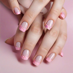 A crisp, detailed close-up photo of a teenager's hand showing off a fresh manicure. The nails are short, almond-shaped with a sheer milky pink base. Must incorporate 14 and cupcakes. Birthday nails. Must be fun and have a design on every nail.