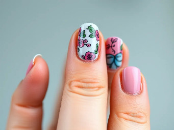 In style of macro photo, single hand, create nail art on fingernails based on: nails centered full view, sharp focus, true color, photoreal, 4k