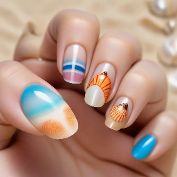 I want short biab nails ( almond ) that have pearl french tips and a ring finger accent nail that’s pearl with a shel and on the other hand the same but instead of a shell is a beach ball