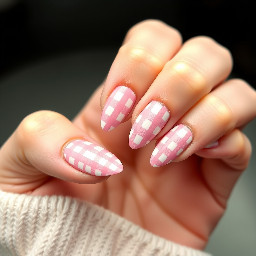 give me cute and classy gingham pink and white almond shape nails shorter