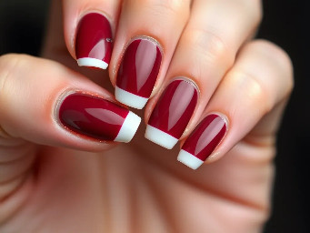 Burgundy short oval nails with thin white french tips