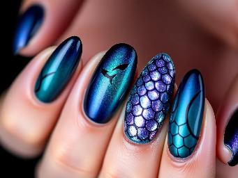 Close-up photo of medium length almond shaped nails, each nail uniquely designed with a deep ocean fantasy and dark villain theme. Color palette is dark tones featuring aqua, teal, and purple, with pearl shimmer. Each nail has a single distinct simple motif and at most three colors — one nail should be fully covered in iridescent fish scales. No silhouette or person. Clean linework and defined shapes, not abstract painting. Glossy finish. Each nail cohesive but unique. Realistic nail photography, wearable salon nail art.
