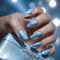 I am wearing a silk light blue dress with sparkles and accessorizing with sparkly silver heels and a sparkly silver handbag for my dance. I want my nails to match my fut